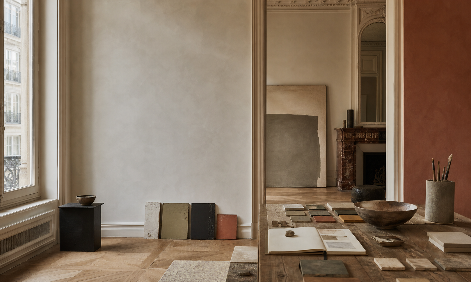 Atelier d'architecture d'intérieur avec échantillons de couleurs et matières